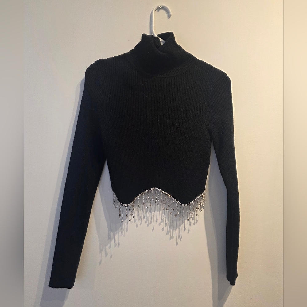 Black Turtleneck Crop Top Sweater with Fringe Detail
